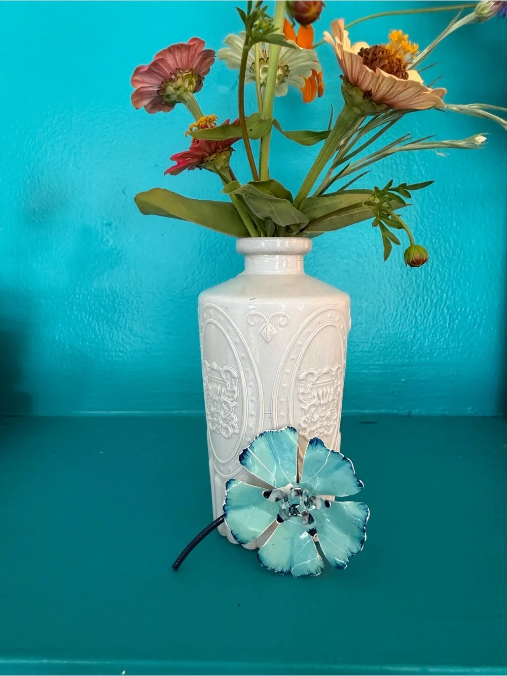 Vintage Enamel Teal Blue Floral Brooch